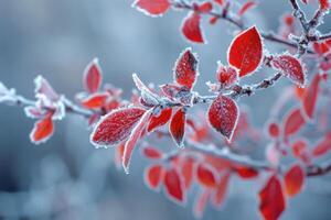 AI generated Frozen Forsythia with red leaves The first frosts, frost and hoarfrost. Early winter. photo