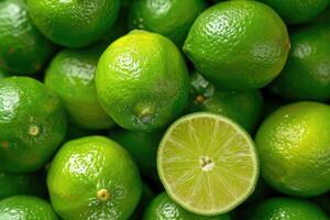 AI generated Fresh ripe green limes as background. photo