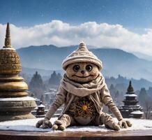 ai generado juguete oso sentado en el nieve con el antecedentes de boudhanath estupa en katmandú, Nepal foto