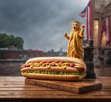 AI generated American hot dog with USA flag and statue on old wooden table. photo