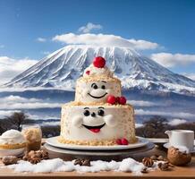 AI generated Cake with smiley face on the background of Mount Fuji. photo