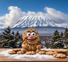 ai generado gracioso Galleta mascota personaje en el formar de un monigote de nieve en un antecedentes de montar fuji foto