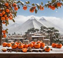 ai generado caqui frutas y montar fuji en el fondo, Japón. foto