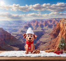 AI generated cute dog in Santa Claus hat sitting on wooden table and looking at the grand canyon photo