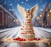 AI generated Wedding cake with angel wings and berries on the background of the city photo