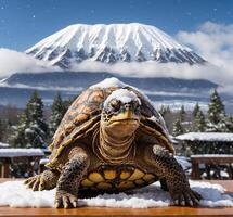 ai generado Tortuga en el nieve con montar fuji en el fondo, Japón foto