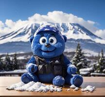 ai generado osito de peluche oso con nieve en el antecedentes de montar fuji, Japón foto