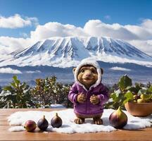 AI generated Funny teddy bear wearing a santa claus hat with a bowl of fresh figs and Mt. Fuji in the background photo