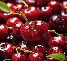 AI generated Cherries with water drops on a wooden background. Selective focus. photo