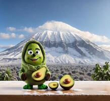 AI generated Funny avocado character with mountain in the background. Concept of healthy eating. photo