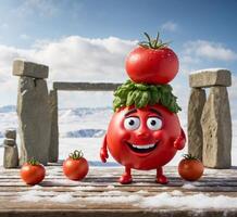 ai generado tomate con contento cara en nieve y Stonehenge antecedentes. foto