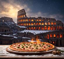 ai generado Pizza en frente de coliseo en Roma, Italia foto