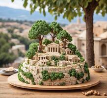 AI generated Miniature model of house made of stone and tree on wooden table photo