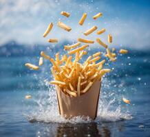 AI generated Falling french fries in paper box on the background of the sea photo