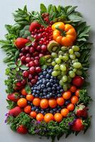 AI generated Vegetables and fruits are laid out on a white background photo