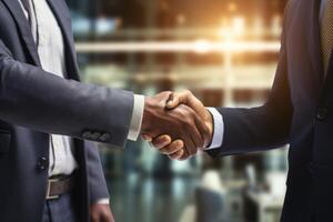 AI generated Two men shake hands. A business handshake. Close-up of the hands photo