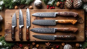 AI generated Top view of Damascus steel kitchen Knives on a wooden board photo