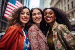 AI generated Three girlfriends laughing happily while hugging each other in a city street photo