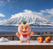 AI generated Funny peach mascot wearing pink bow tie and glasses standing on the balcony in front of Mt. Fuji photo