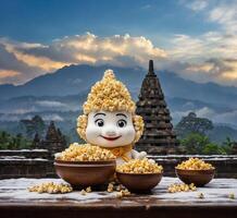 AI generated Buddha statue with popcorn bowl on wooden table with beautiful sunrise background. photo
