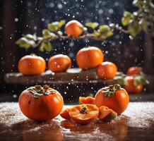 AI generated Fresh ripe persimmon fruits on wooden table with falling snow. photo