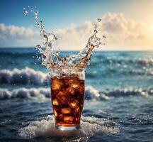 AI generated Glass of cola with ice cubes and splash on the sea background photo