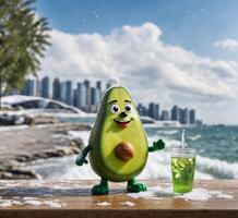 AI generated Avocado mascot with ice and juice on wooden table with cityscape background photo