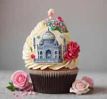 AI generated Delicious cupcake with beautiful Taj Mahal and roses on light background photo