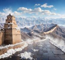 ai generado majestuoso genial pared de China a invierno día,panorámico ver foto