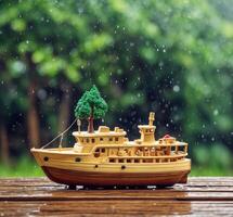 AI generated Wooden toy ship with tree on wooden table in the rain. photo