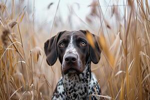 AI generated Hunting dog in tall grass. German Shorthaired Pointer. photo