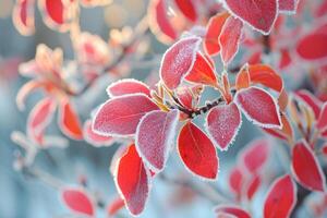 AI generated Frozen Forsythia with red leaves The first frosts, frost and hoarfrost. Early winter. photo