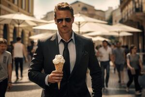 AI generated A brutal man in a suit with ice cream in his hands walks along a city street photo