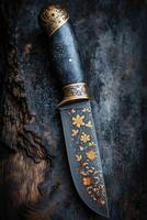 AI generated One Stylish Damascus steel kitchen knife on a wooden board photo