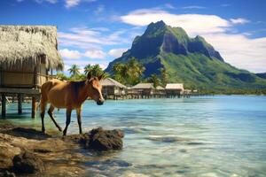 AI generated A horse on the background of the island of Tahiti and the ocean. Journey photo