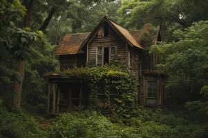 AI generated An old gloomy lost house in the woods in the wilderness photo