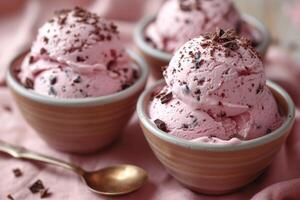 AI generated Balls of pink ice cream covered with chocolate. Strawberry flavor photo