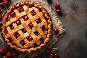 AI generated Homemade cherry pie on rustic background. photo