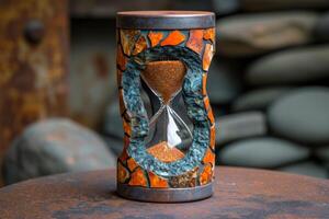 AI generated Stylish hourglass. Sand running in an hourglass, measuring the countdown time on a dark background photo