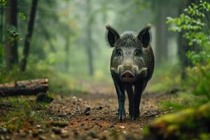 AI generated Lonely wild boar walks in forest. photo