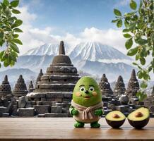 AI generated Avocado in the form of a man stands on a wooden table against the background of the ancient temple. photo