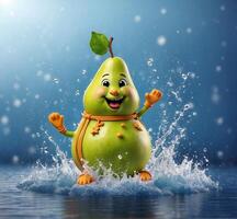 AI generated Funny green pear character with splashes and drops of water. photo