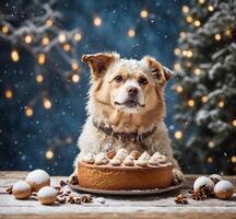 AI generated Cute dog with gingerbread cake and christmas tree on background photo
