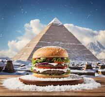 AI generated Hamburger on wooden table in front of the pyramids. photo