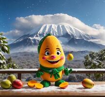 ai generado gracioso mango mascota con monte fuji en el antecedentes foto