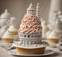 AI generated Cupcake with a tower in the form of a lighthouse. photo