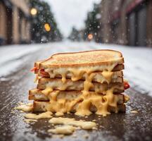 ai generado panqueques con queso y tocino en el calle en el lluvia foto