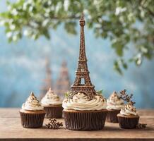 AI generated Chocolate cupcakes with Eiffel Tower on wooden background. photo