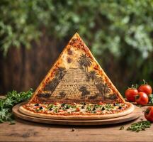 AI generated Pizza with cheese, olives and tomatoes on a wooden table photo