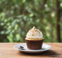 AI generated Cupcake on wooden table with bokeh nature background. photo